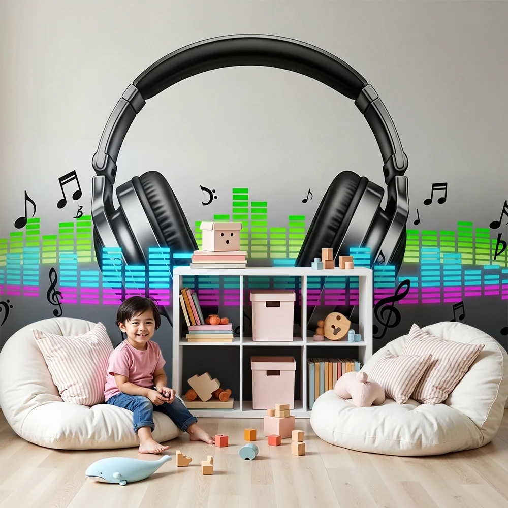 Papel de parede crianç | Casti audio și note muzicale colorate