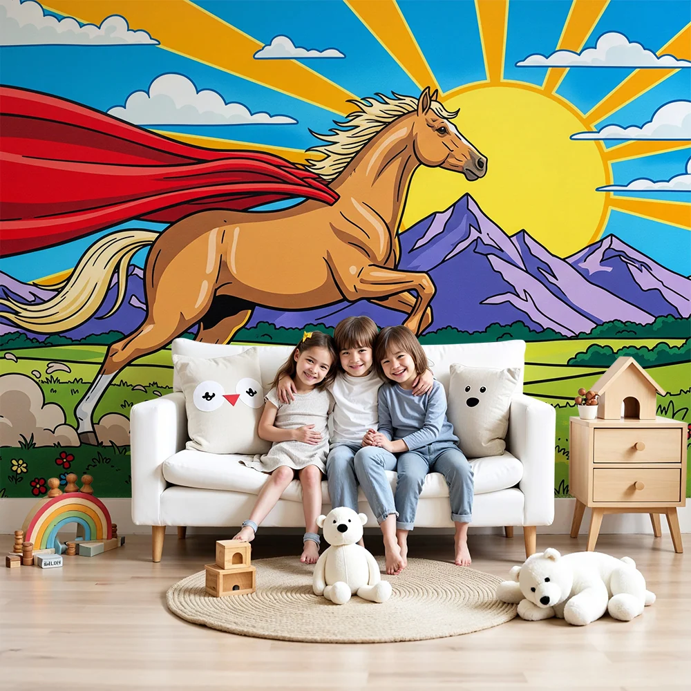 Papel de parede crianç | Cavalo heróico com capa em uma paisagem ensolarada