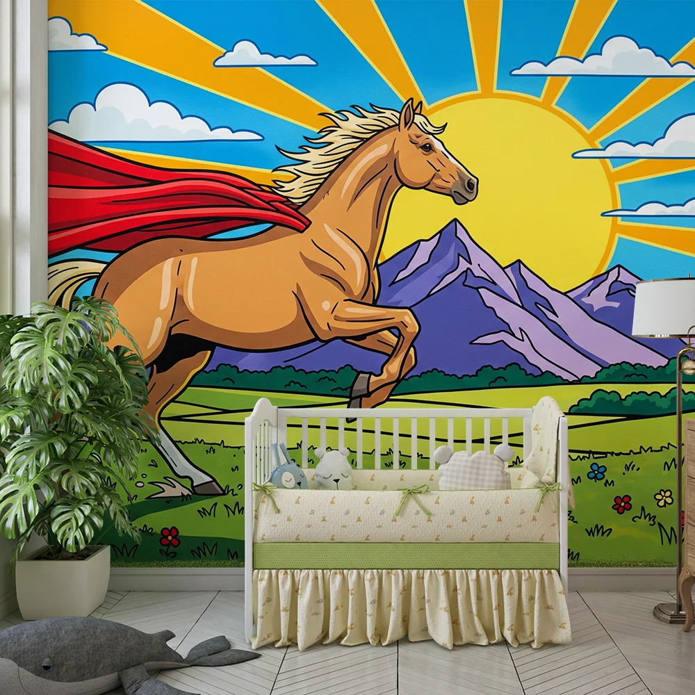 Papel de parede crianç | Cavalo heróico com capa em uma paisagem ensolarada