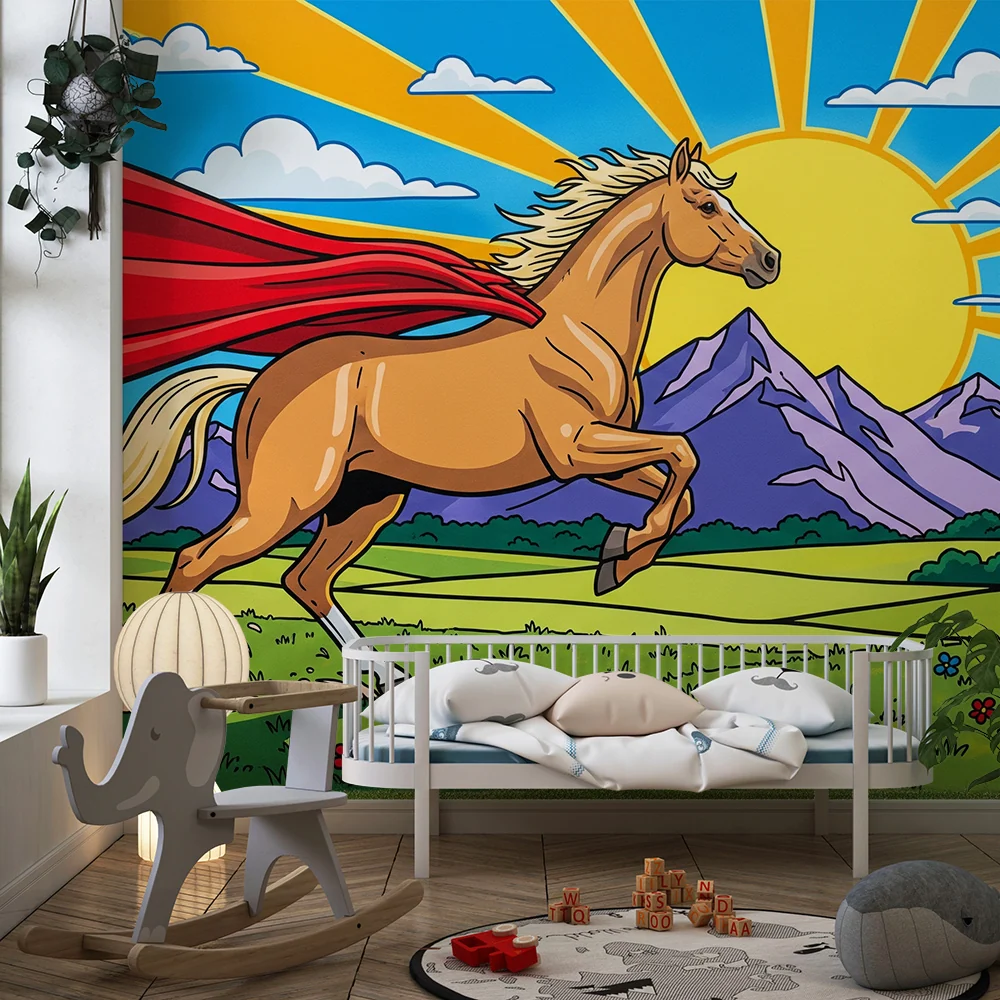 Papel de parede crianç | Cavalo heróico com capa em uma paisagem ensolarada