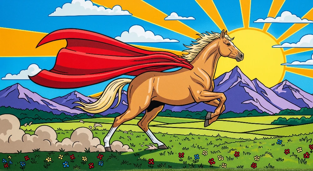 Papel de parede crianç | Cavalo heróico com capa em uma paisagem ensolarada