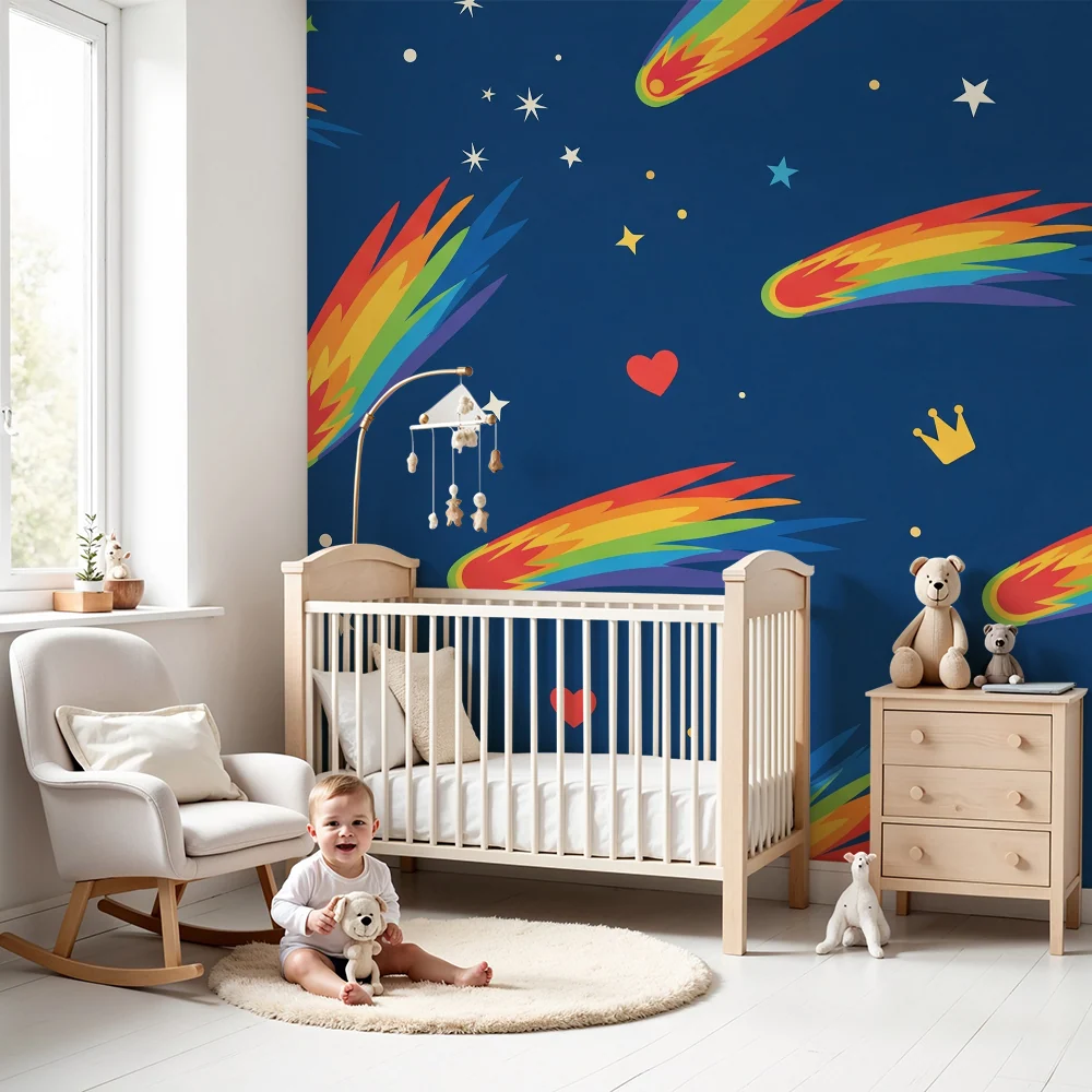Papel de parede crianç | Comete colorate și stele pe fundal albastru închis