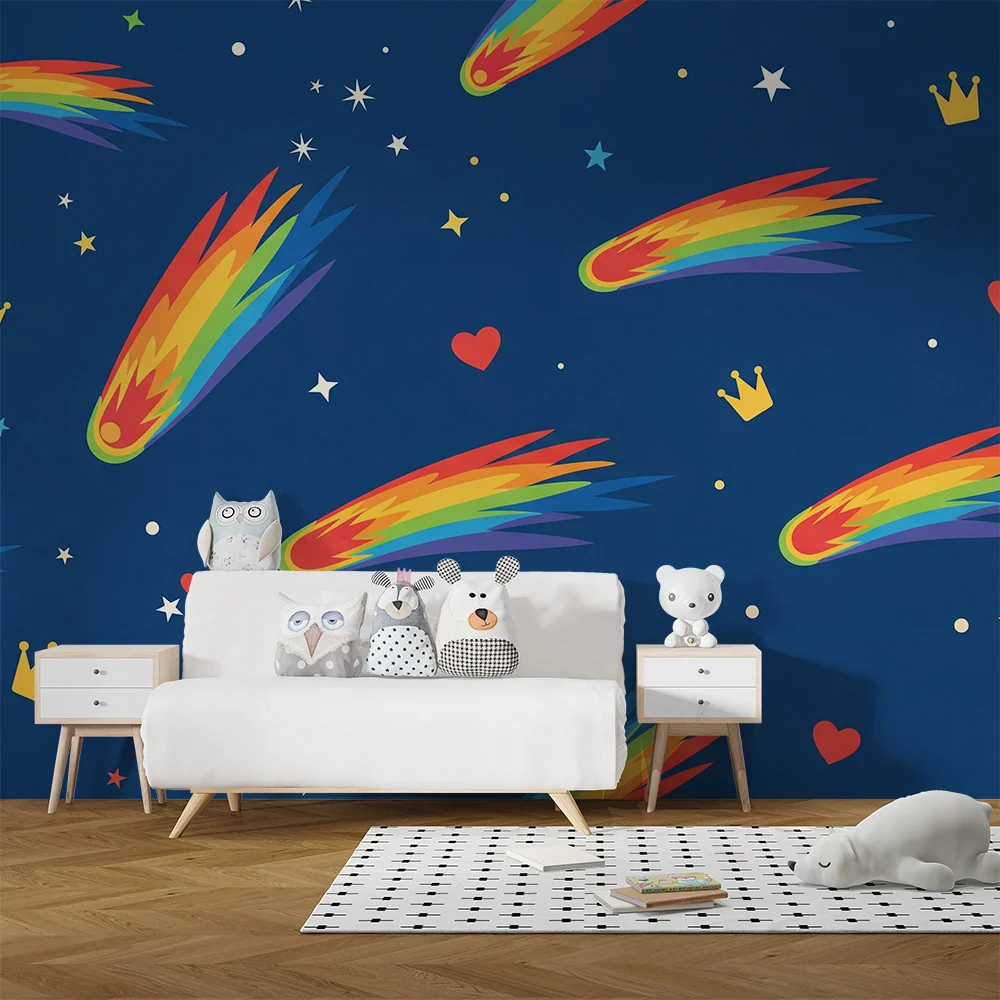 Papel de parede crianç | Comete colorate și stele pe fundal albastru închis
