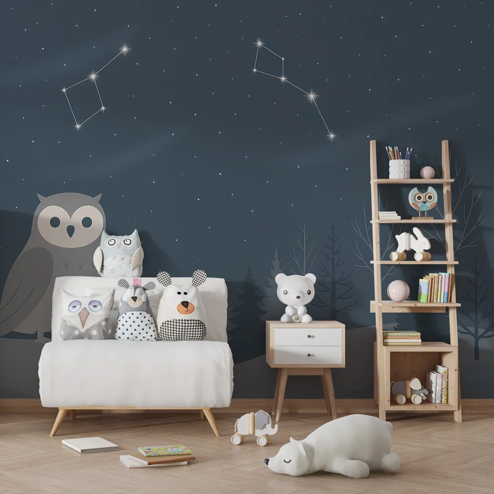 Papel de parede crianç | Coruja sob um céu estrelado