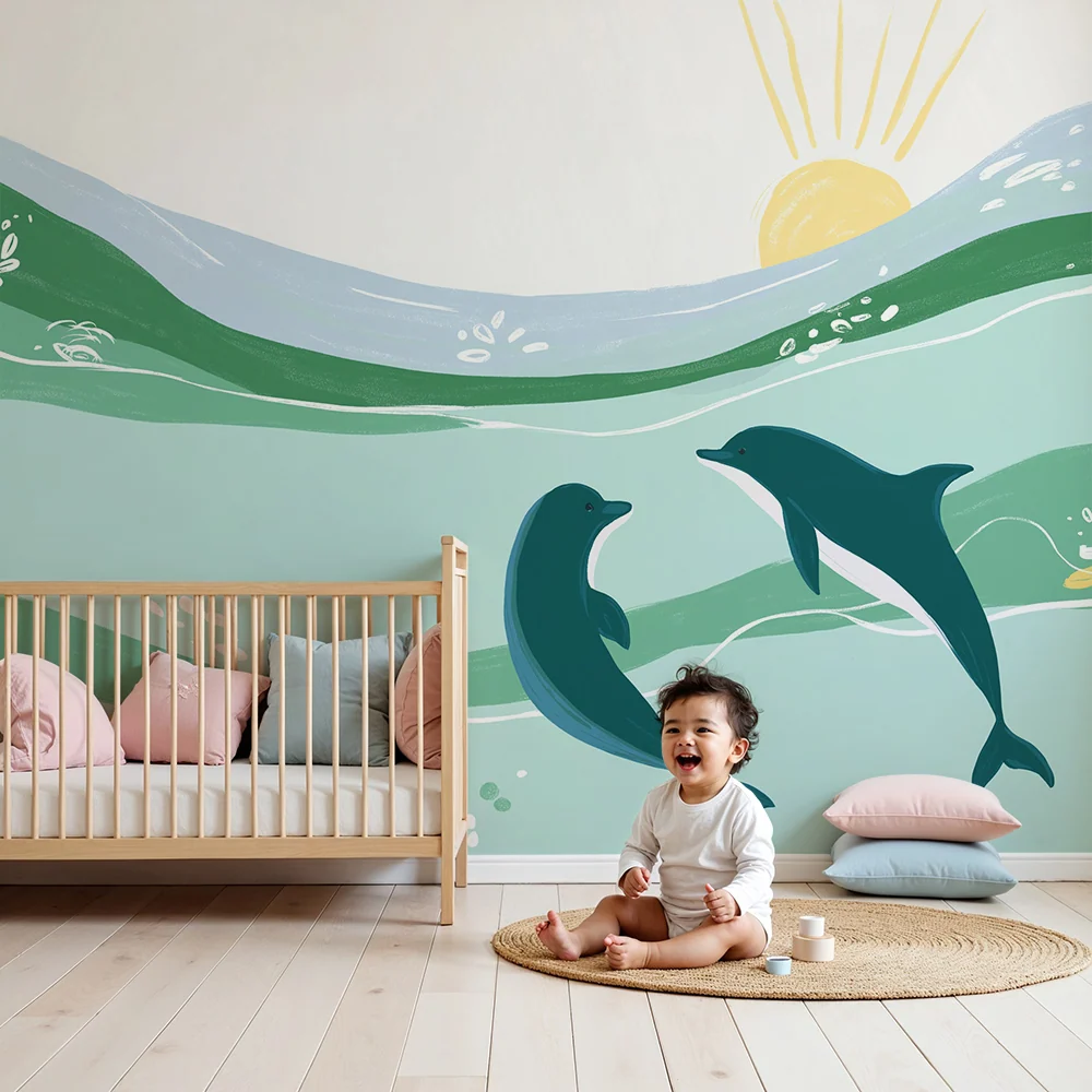 Papel de parede crianç | Delfini fericiți într-un ocean liniștit