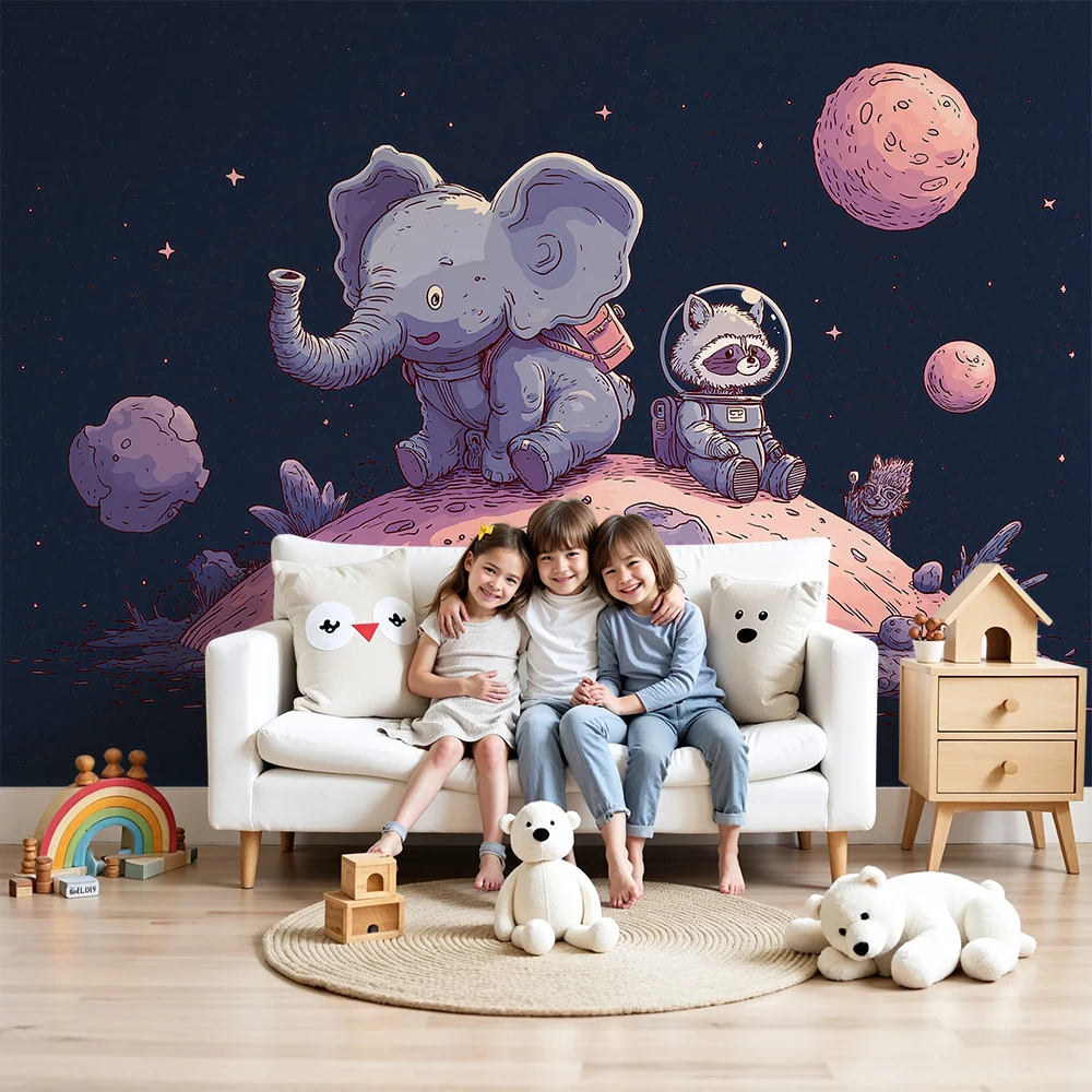 Papel de parede crianç | Elefante astronauta e guaxinim em um planeta distante