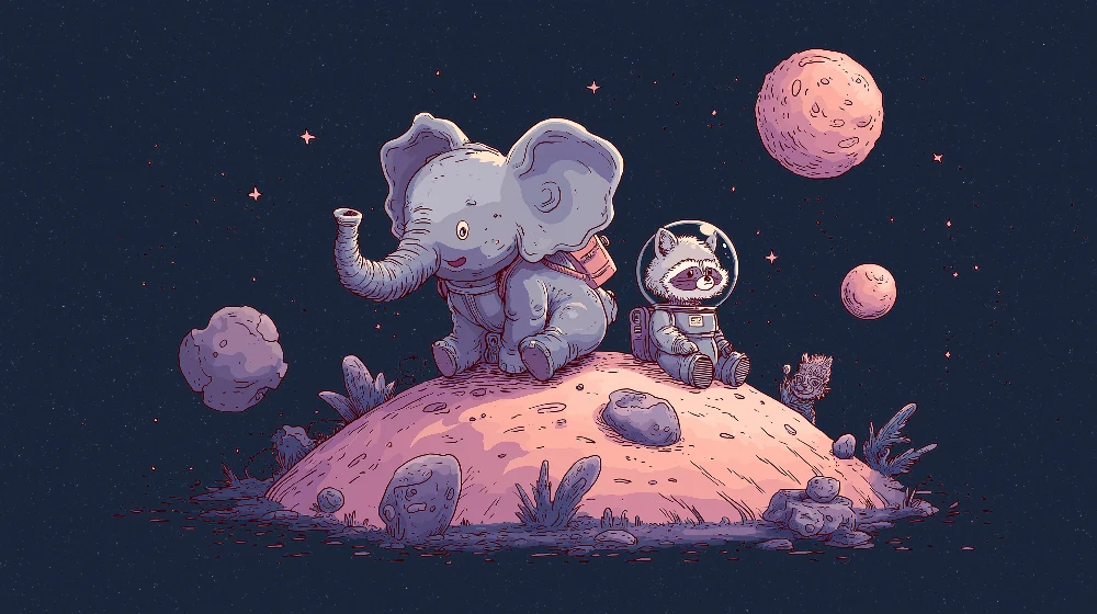 Papel de parede crianç | Elefante astronauta e guaxinim em um planeta distante