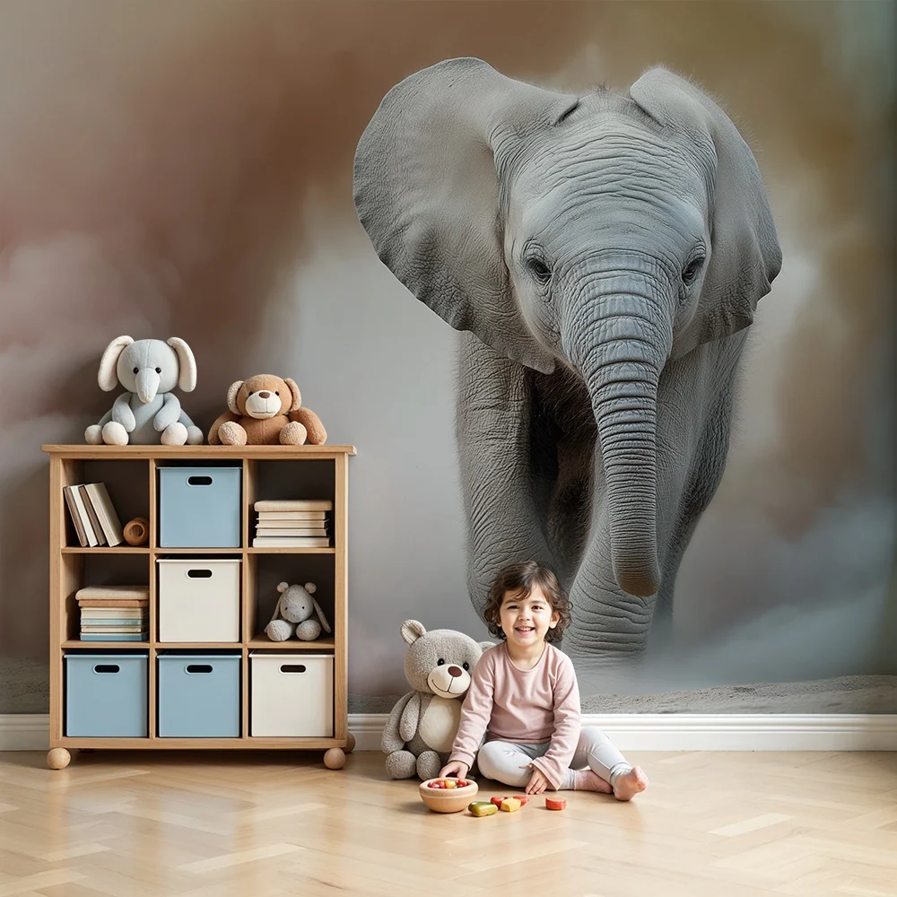 Papel de parede crianç | Elefante feliz no meio de nuvens coloridas