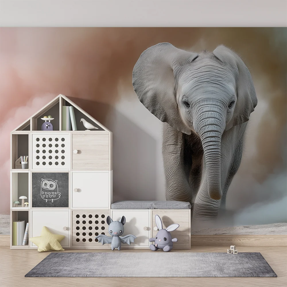 Papel de parede crianç | Elefante feliz no meio de nuvens coloridas