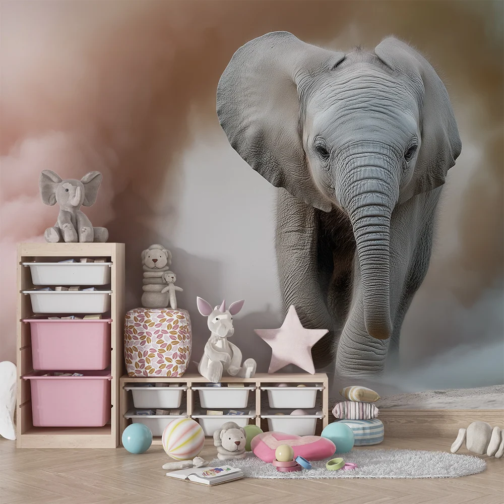 Papel de parede crianç | Elefante feliz no meio de nuvens coloridas