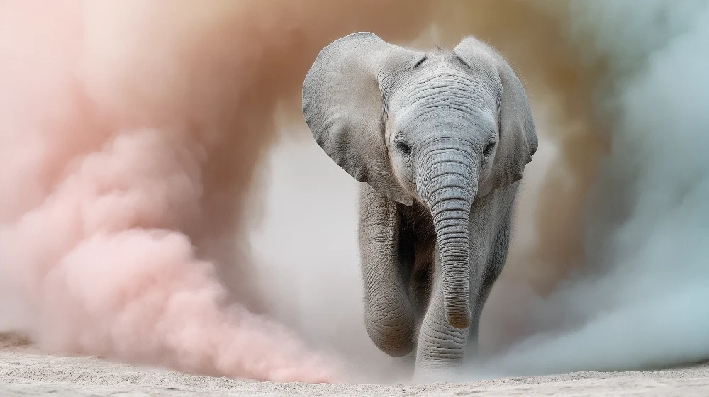 Papel de parede crianç | Elefante feliz no meio de nuvens coloridas