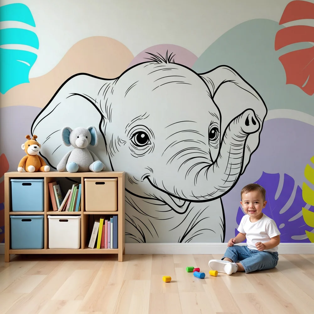 Papel de parede crianç | Elefante feliz no meio das folhas tropicais