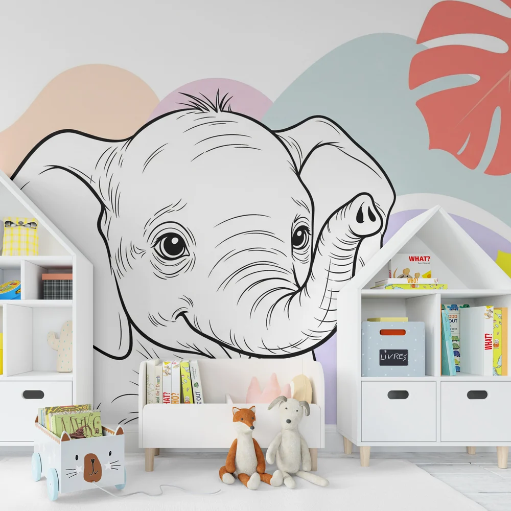 Papel de parede crianç | Elefante feliz no meio das folhas tropicais