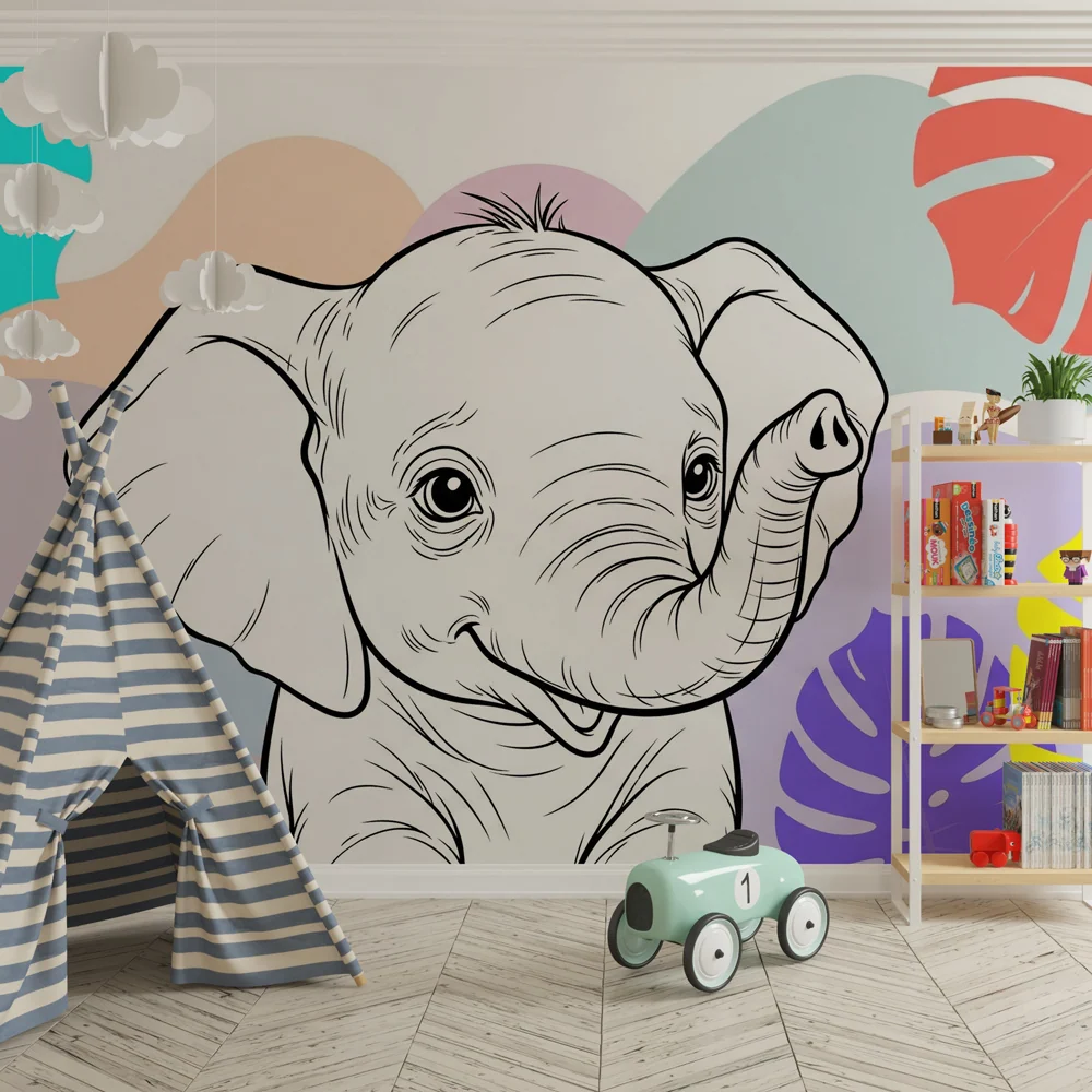 Papel de parede crianç | Elefante feliz no meio das folhas tropicais