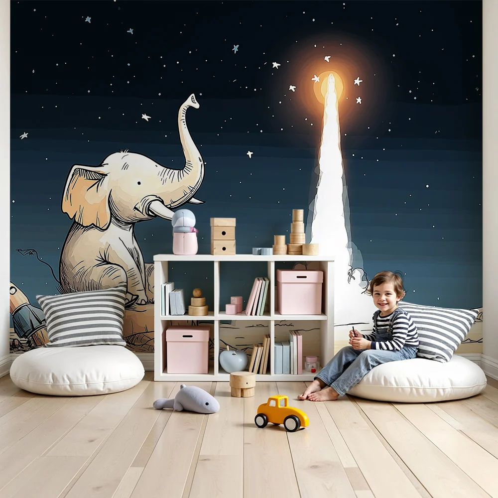 Papel de parede crianç | Elefante sonhador e foguete espacial