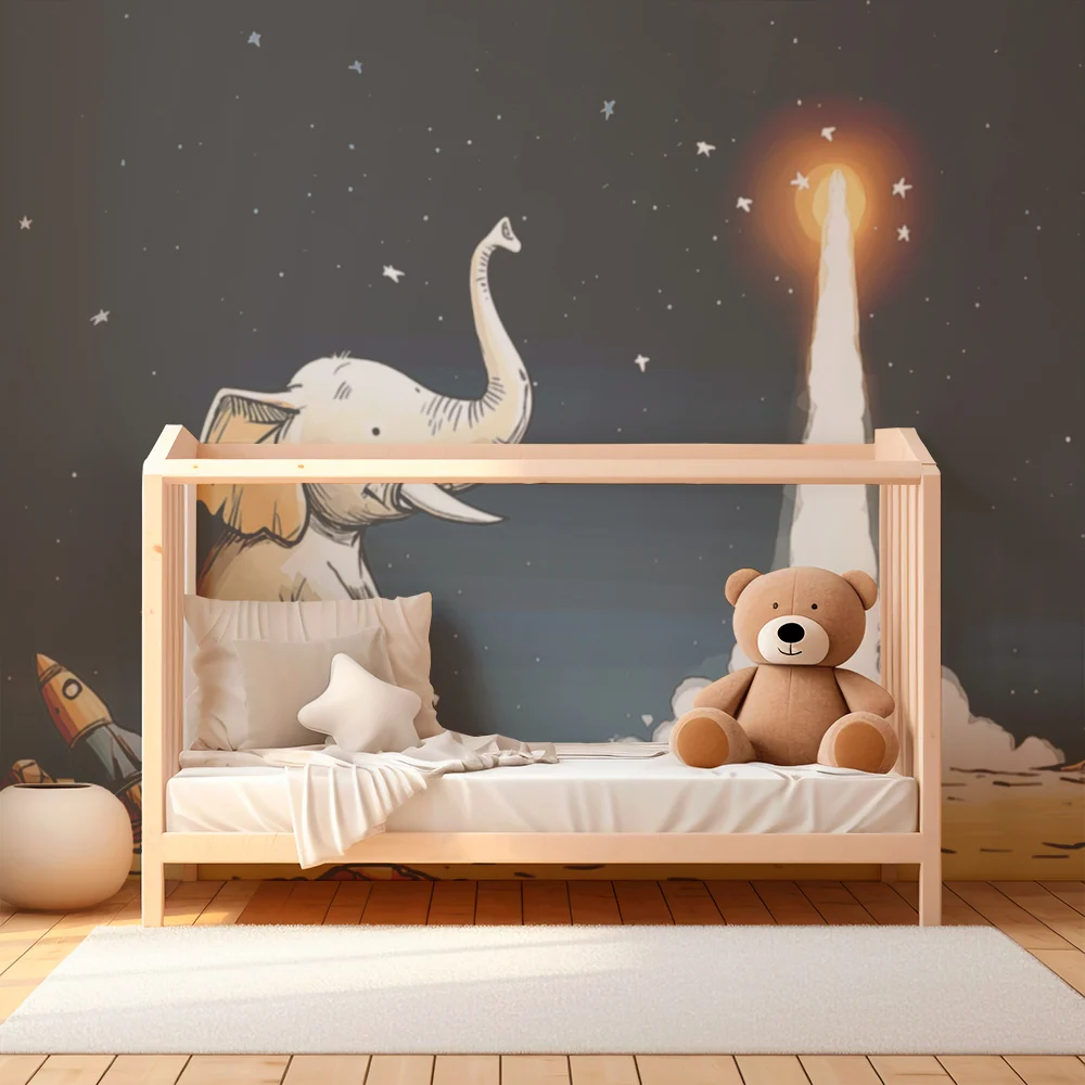 Papel de parede crianç | Elefante sonhador e foguete espacial