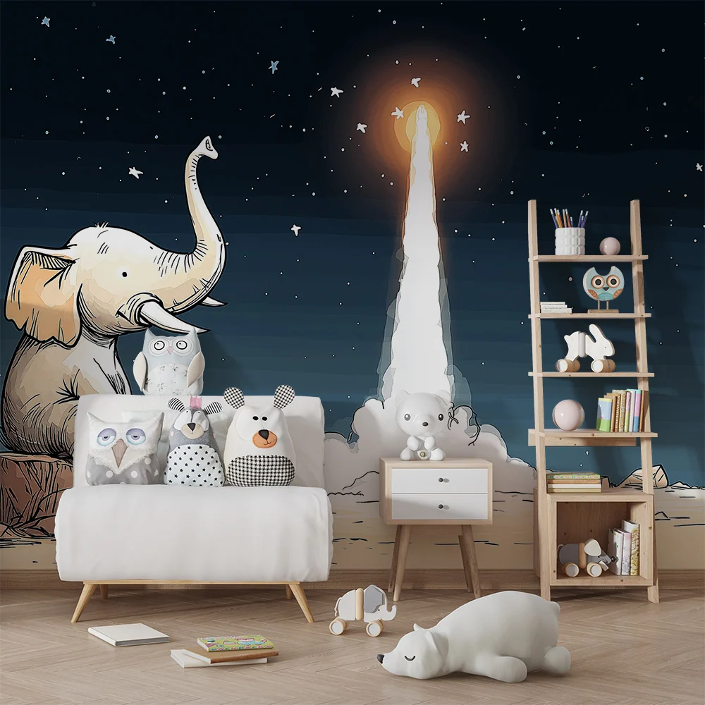 Papel de parede crianç | Elefante sonhador e foguete espacial