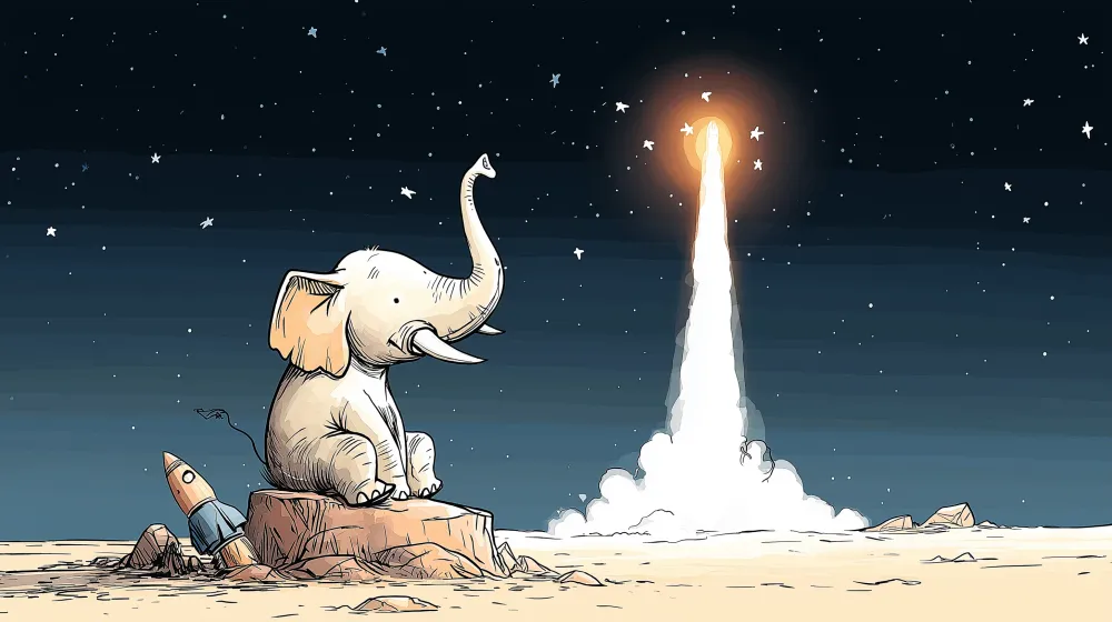 Papel de parede crianç | Elefante sonhador e foguete espacial