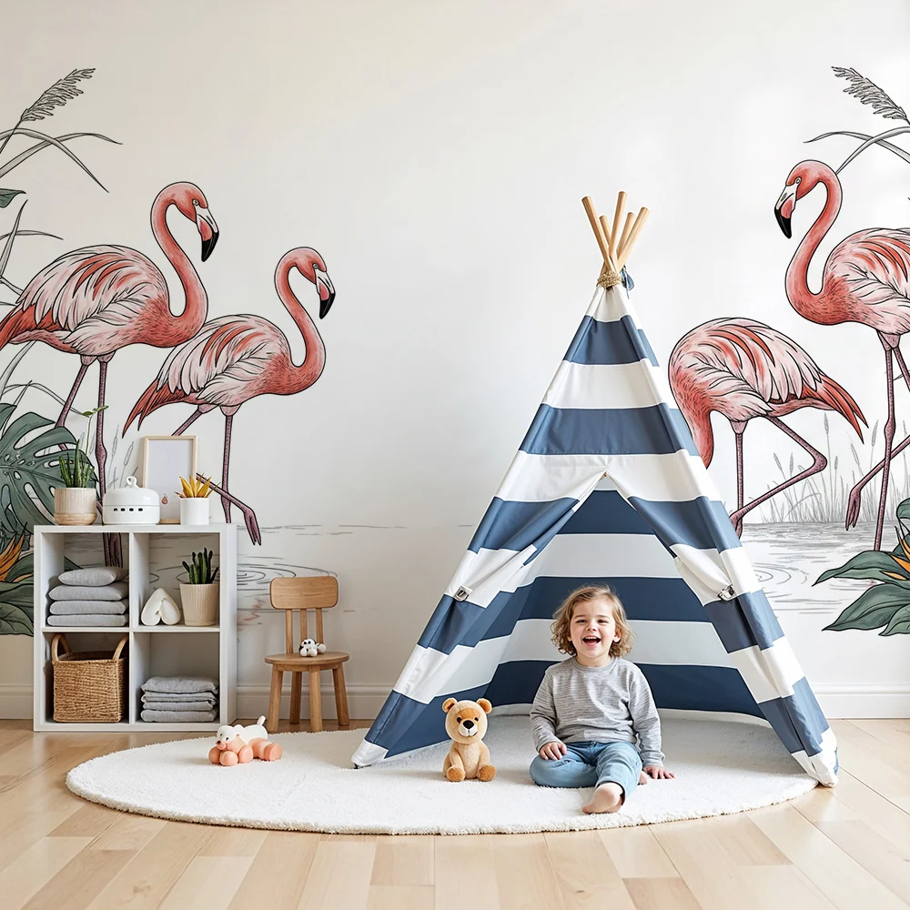Papel de parede crianç | Flamingo și frunziș tropical într-o decor acvatic