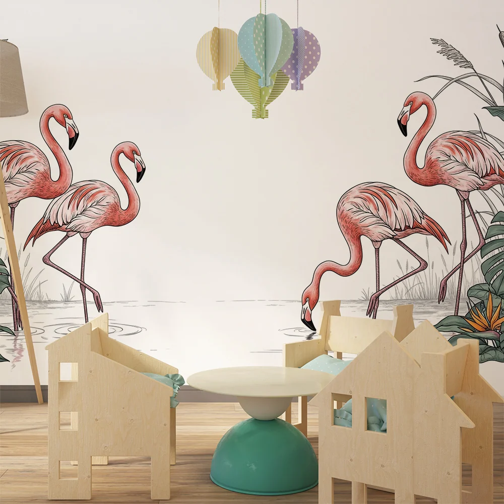Papel de parede crianç | Flamingo și frunziș tropical într-o decor acvatic