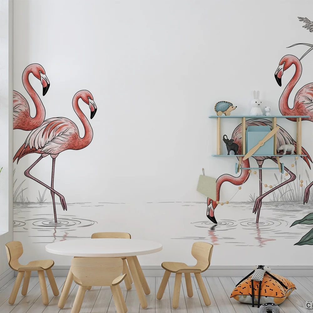Papel de parede crianç | Flamingo și frunziș tropical într-o decor acvatic