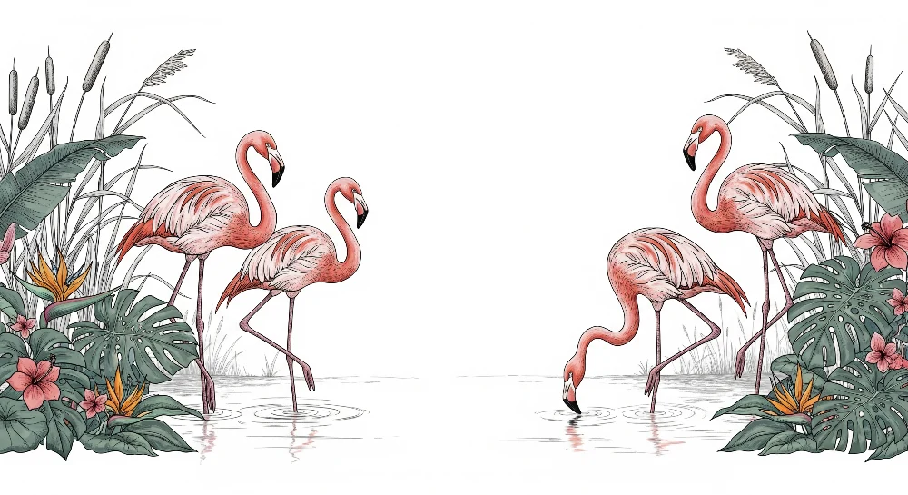 Papel de parede crianç | Flamingo și frunziș tropical într-o decor acvatic