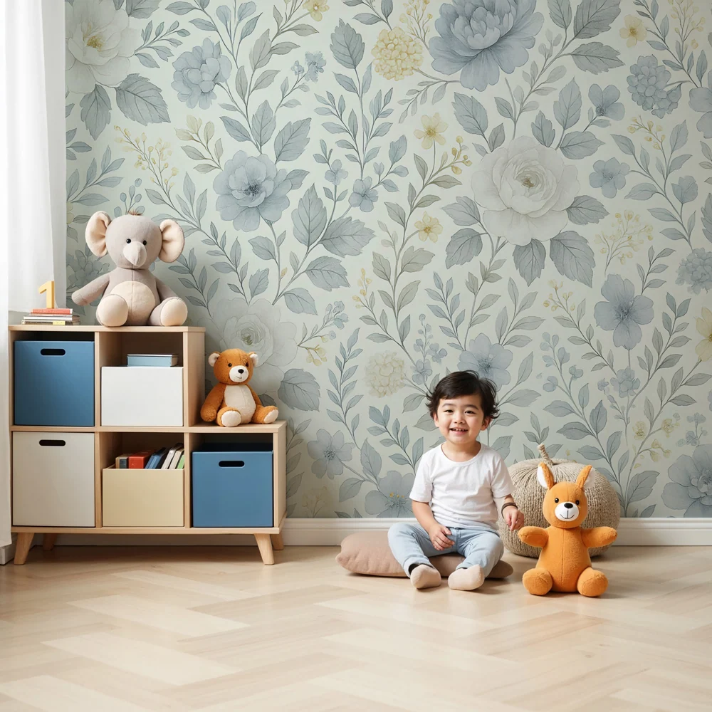 Papel de parede crianç | Flores delicadas em azul e creme