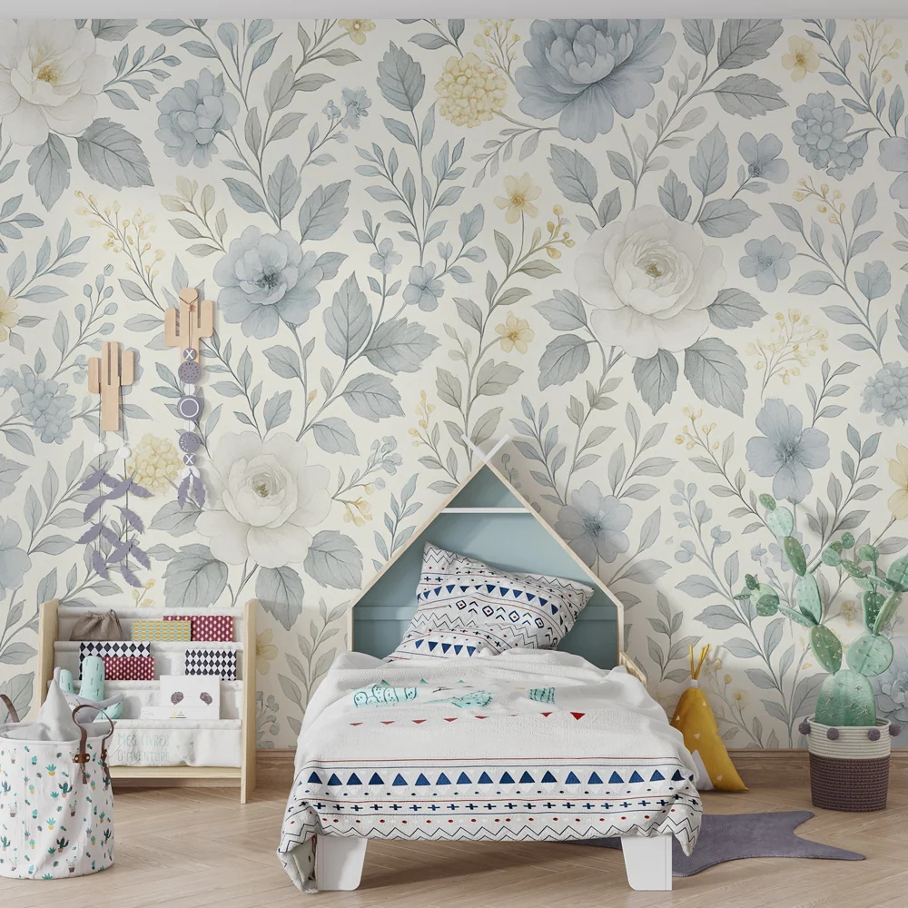 Papel de parede crianç | Flores delicadas em azul e creme