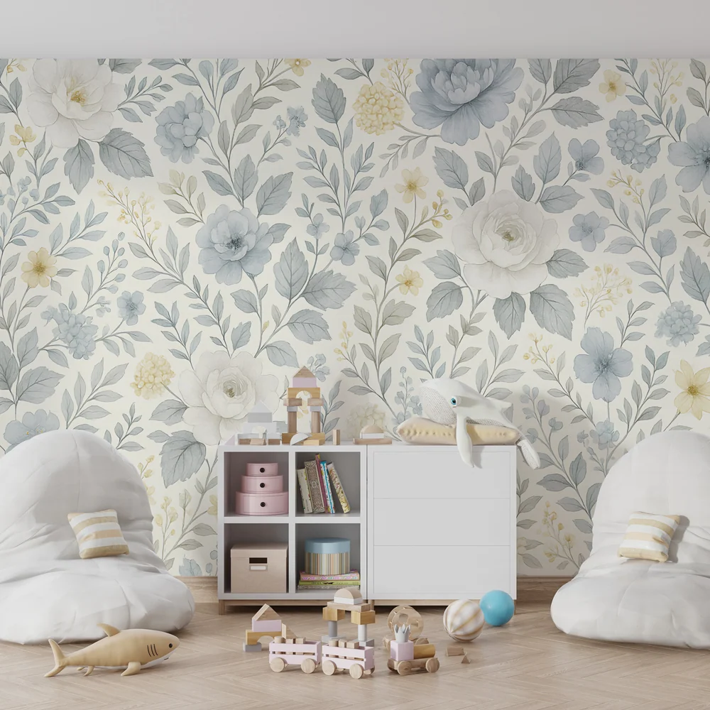 Papel de parede crianç | Flores delicadas em azul e creme