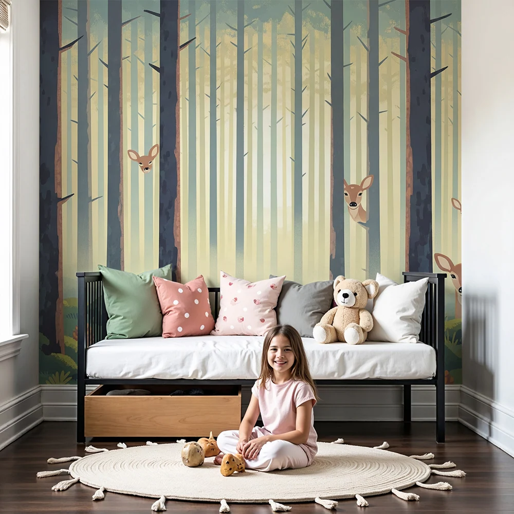Papel de parede crianç | Floresta encantada com filhotes e folhagem exuberante