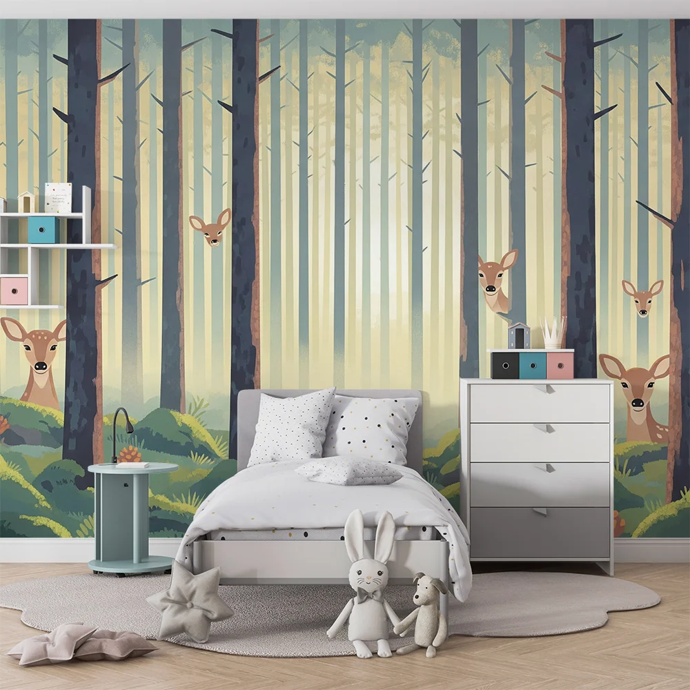 Papel de parede crianç | Floresta encantada com filhotes e folhagem exuberante