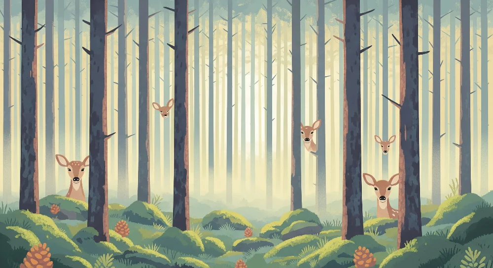 Papel de parede crianç | Floresta encantada com filhotes e folhagem exuberante