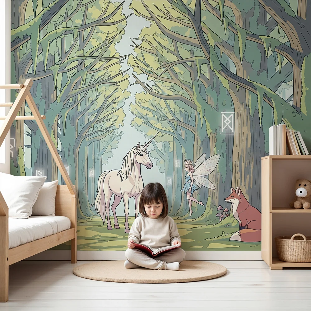 Papel de parede crianç | Floresta encantada com unicórnio e fada