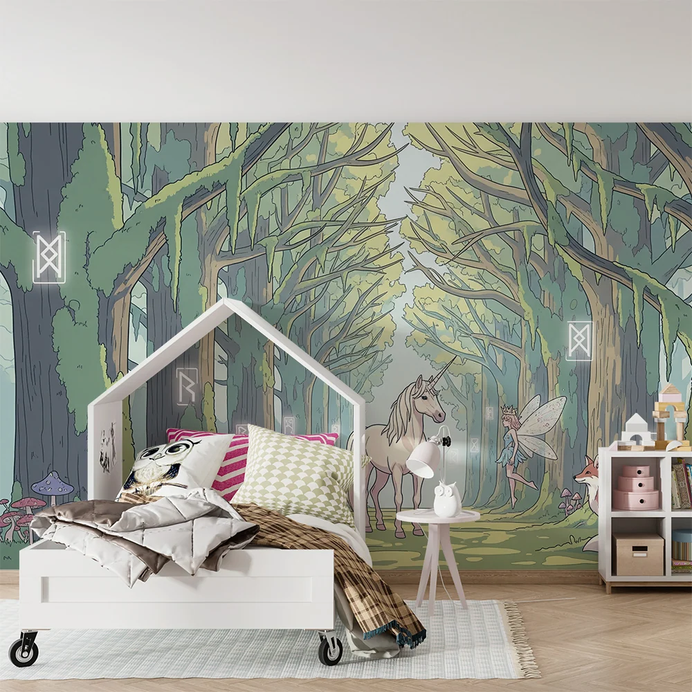 Papel de parede crianç | Floresta encantada com unicórnio e fada