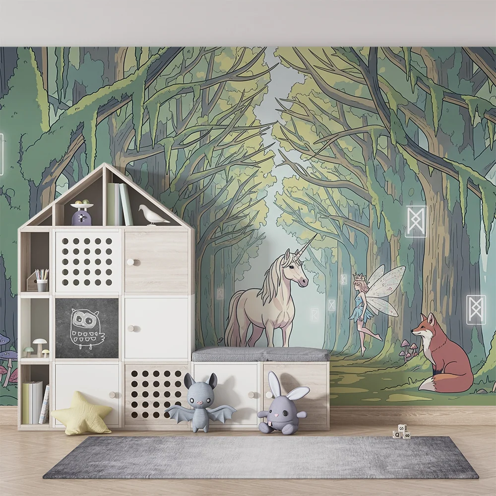 Papel de parede crianç | Floresta encantada com unicórnio e fada