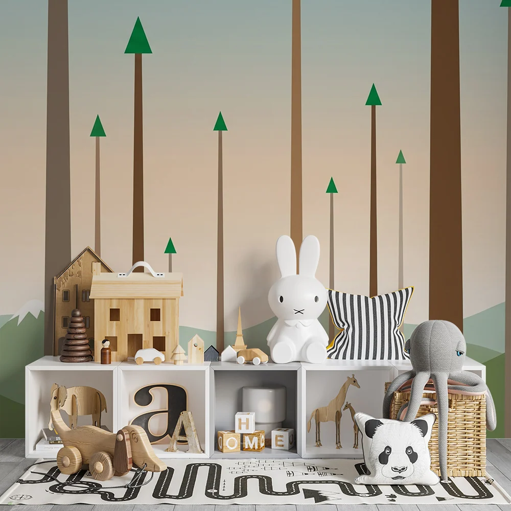 Papel de parede crianç | Floresta estilizada com árvores geométricas e montanhas