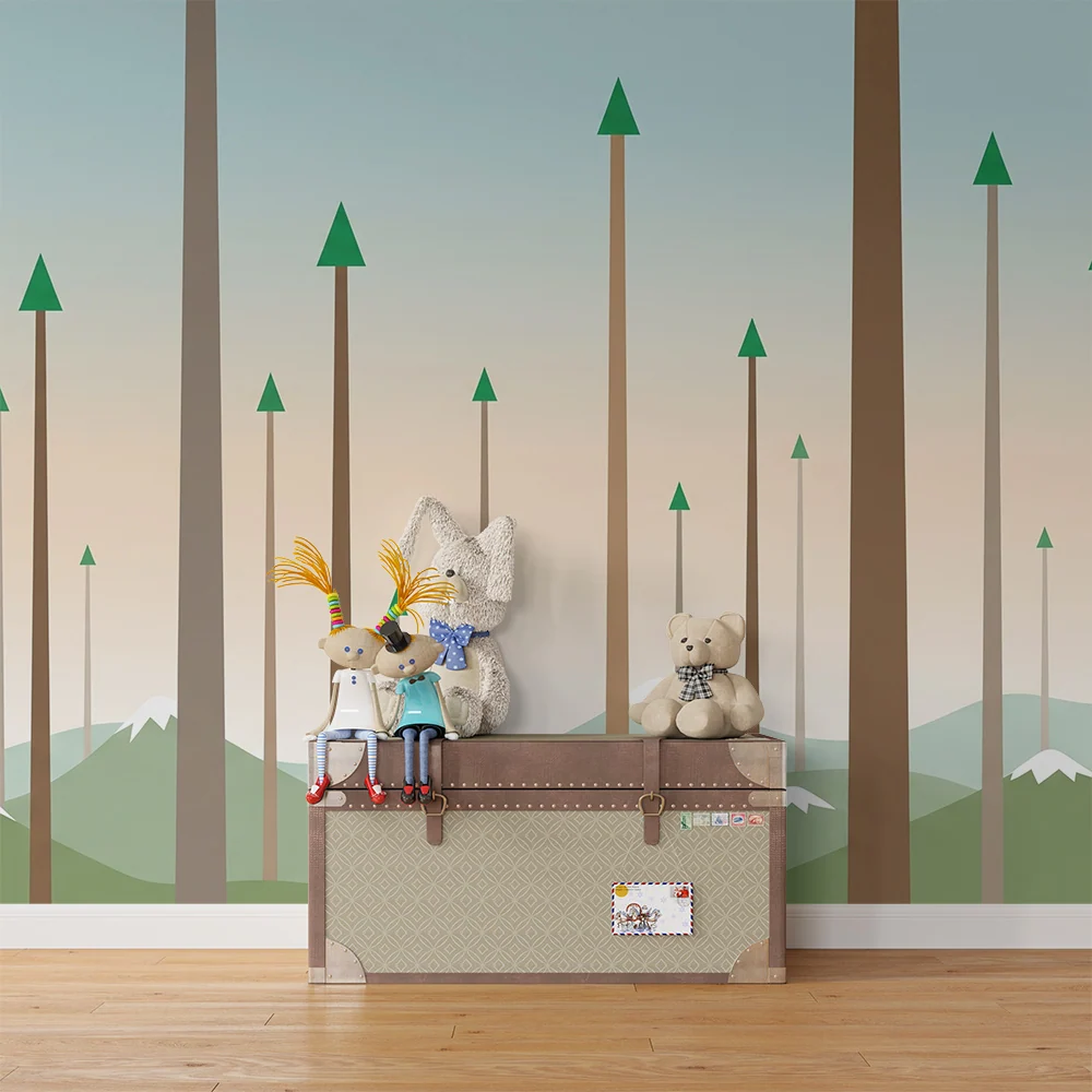 Papel de parede crianç | Floresta estilizada com árvores geométricas e montanhas