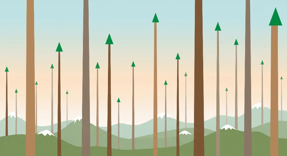Papel de parede crianç | Floresta estilizada com árvores geométricas e montanhas