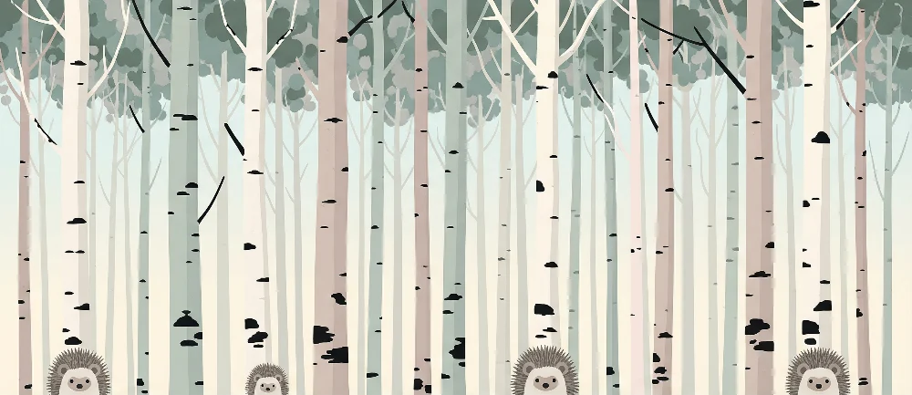 Papel de parede crianç | Floresta tranquila com ouriços e árvores de troncos delicados