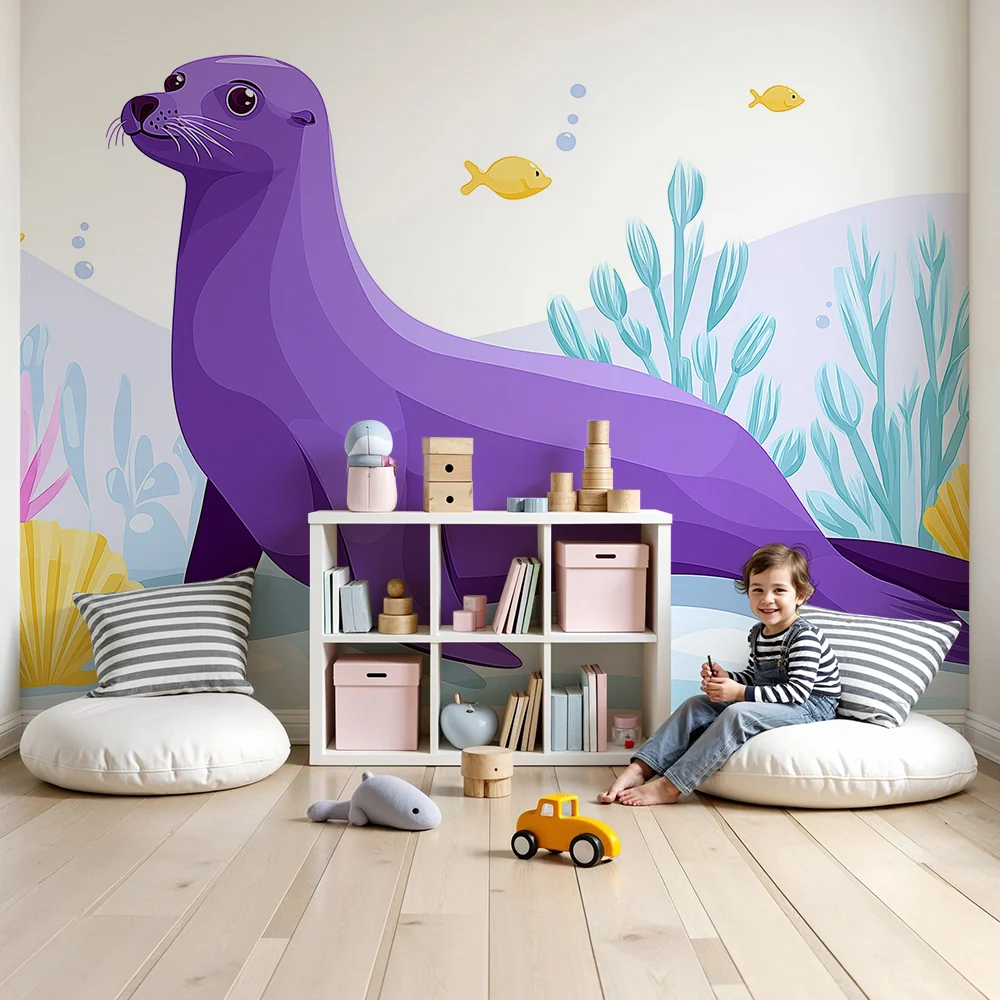 Papel de parede crianç | Foc violet și submarin colorat cu coral și pești