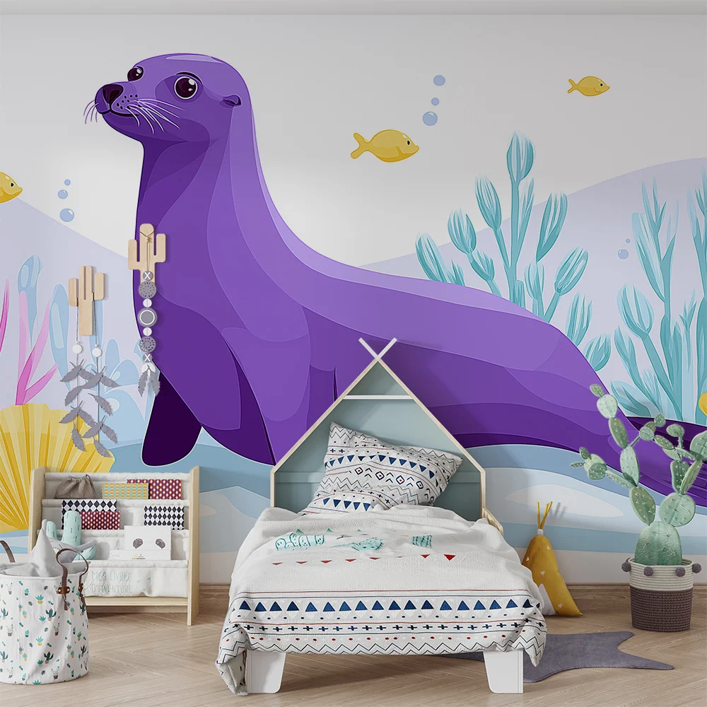 Papel de parede crianç | Foc violet și submarin colorat cu coral și pești