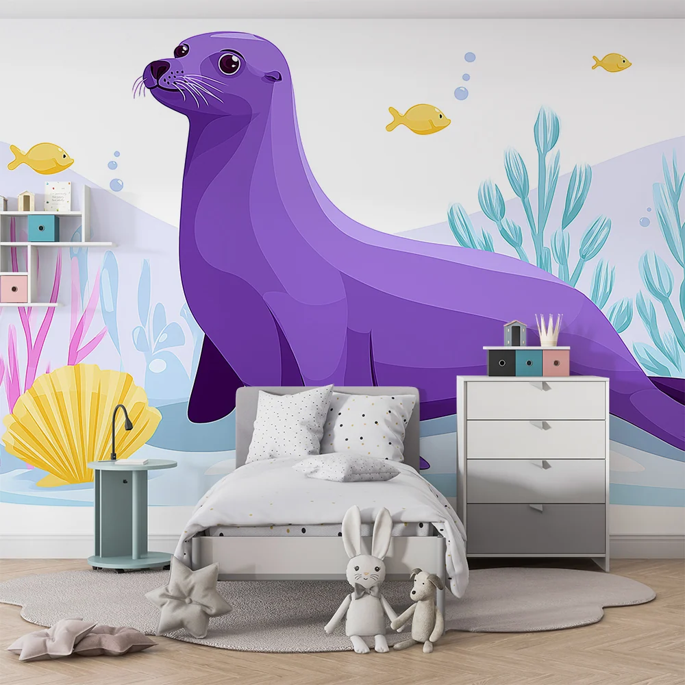 Papel de parede crianç | Foc violet și submarin colorat cu coral și pești