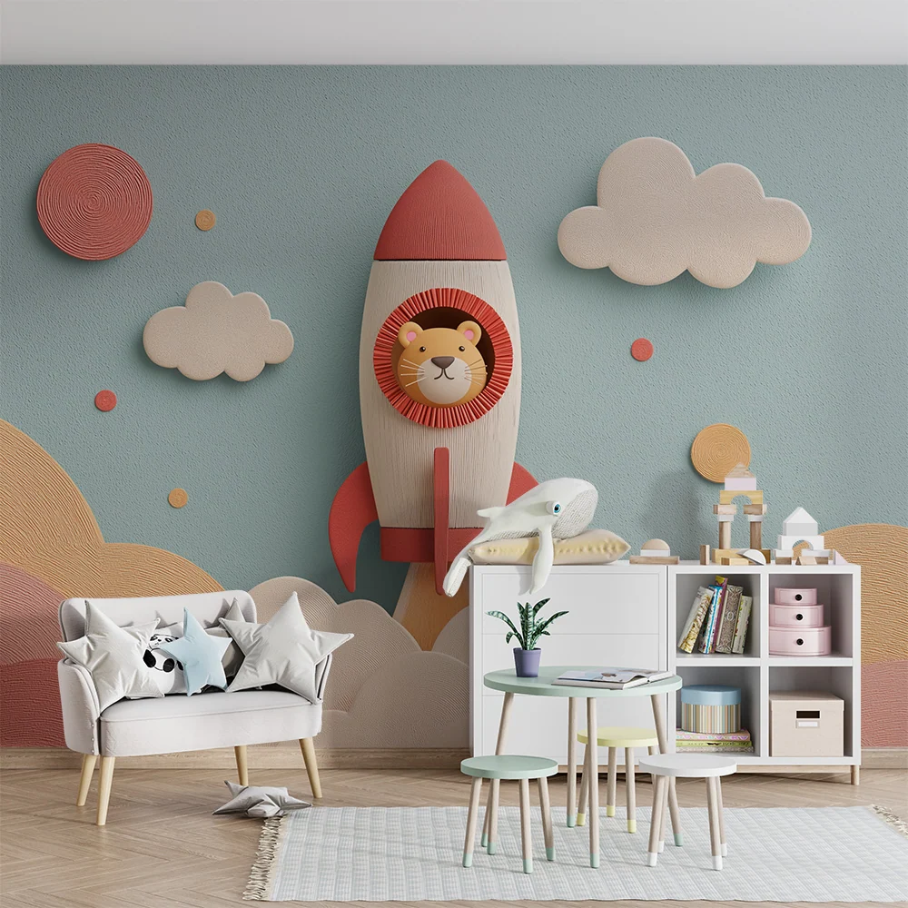 Papel de parede crianç | Foguete divertido com um leão e nuvens coloridas