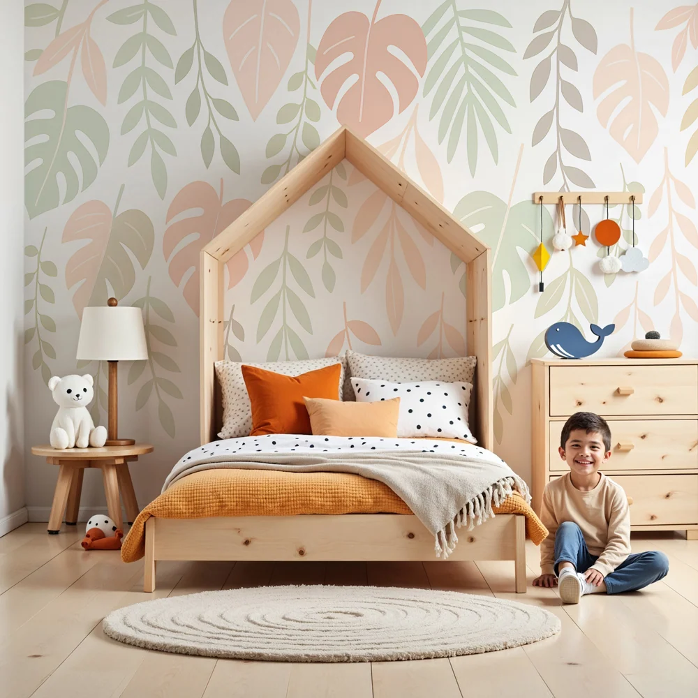 Papel de parede crianç | Folhagem pastel e ambiente suave
