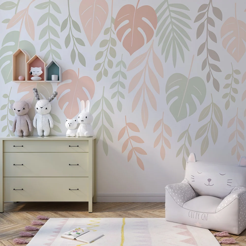 Papel de parede crianç | Folhagem pastel e ambiente suave