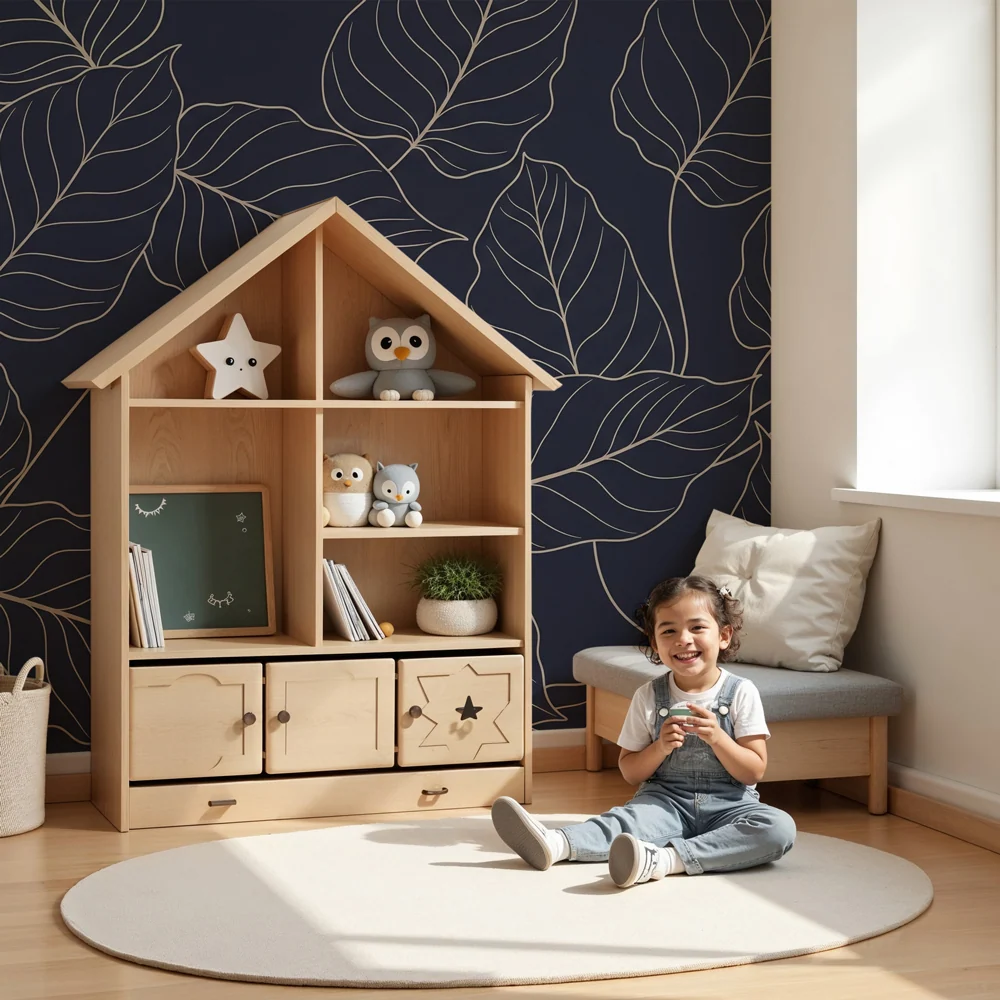 Papel de parede crianç | Folhas elegantes em fundo marinho