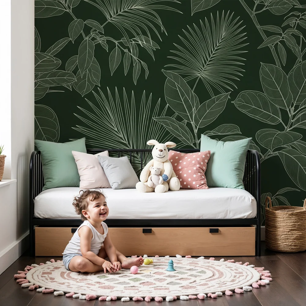 Papel de parede crianç | Folhas tropicais em contornos elegantes