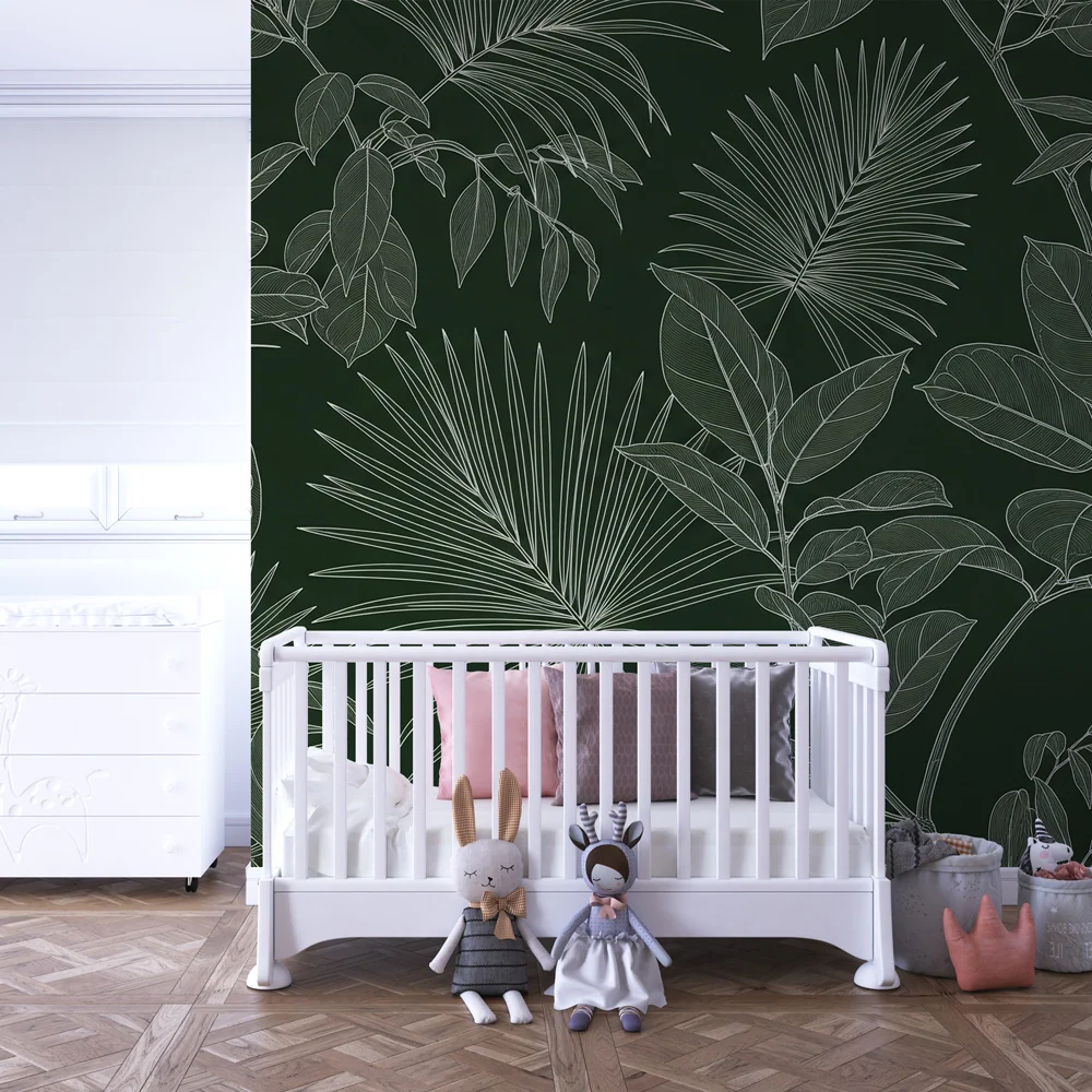 Papel de parede crianç | Folhas tropicais em contornos elegantes