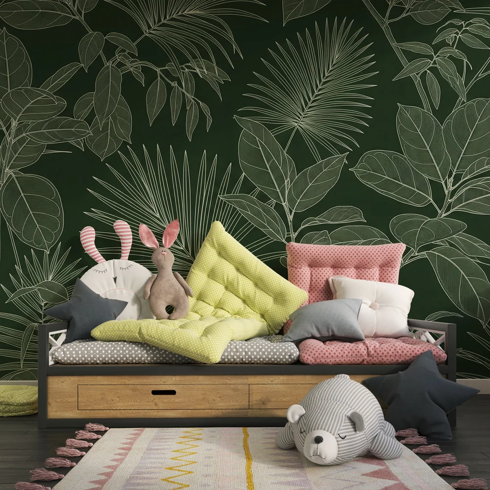 Papel de parede crianç | Folhas tropicais em contornos elegantes