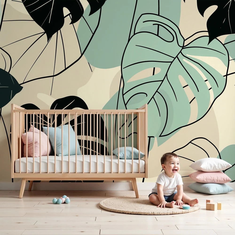 Papel de parede crianç | Folhas tropicais modernas tricolores
